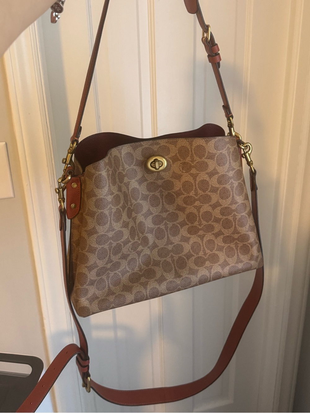 Coach Brown Signature Canvas Shoulder Bag with Leather Trim